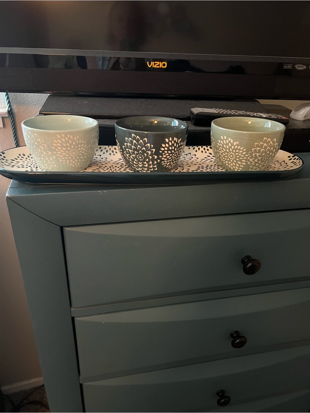 Ceramic Floral Teal and Gray - 3 Piece Tray & Bowls